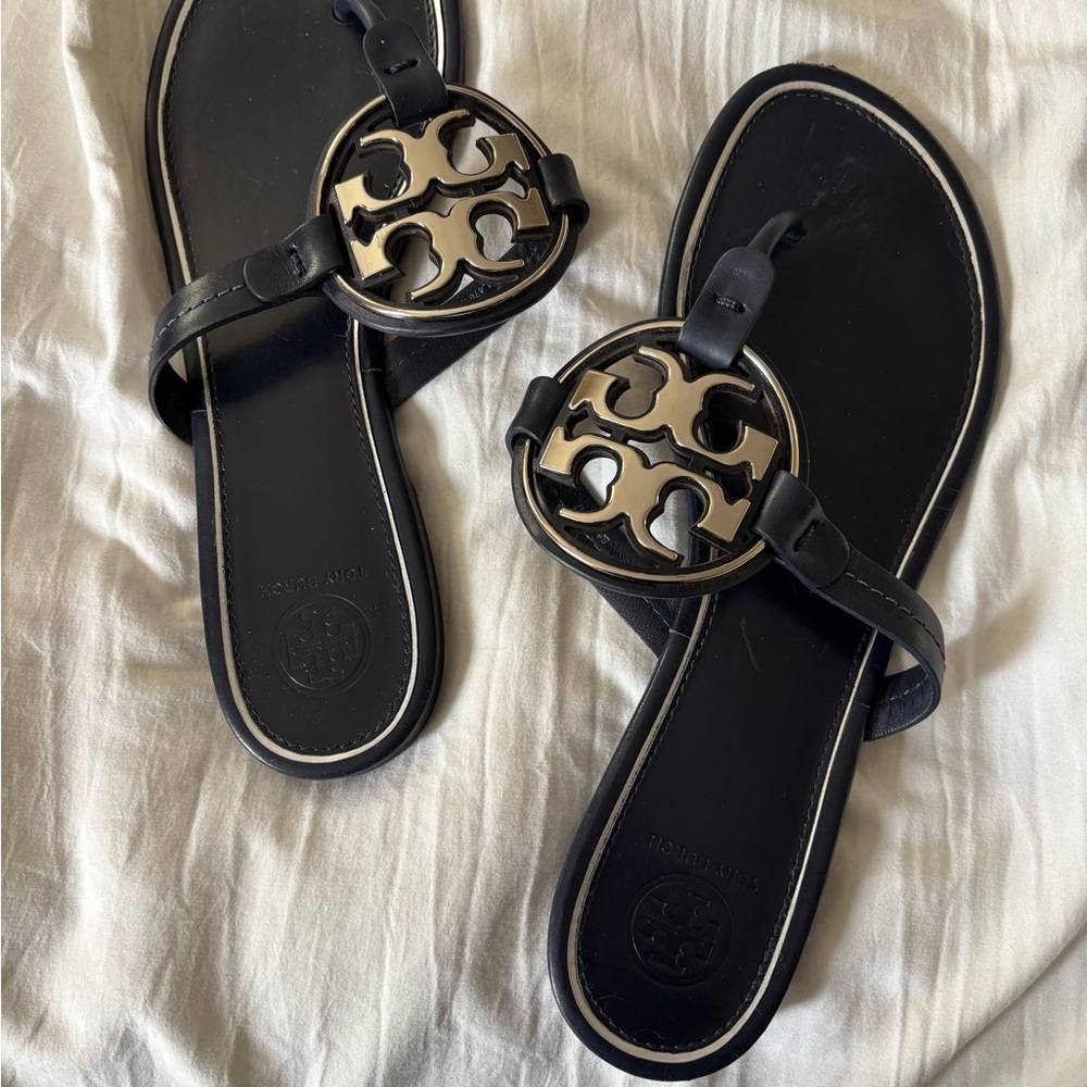 Tory Burch Black Sandals with Gold Emblem